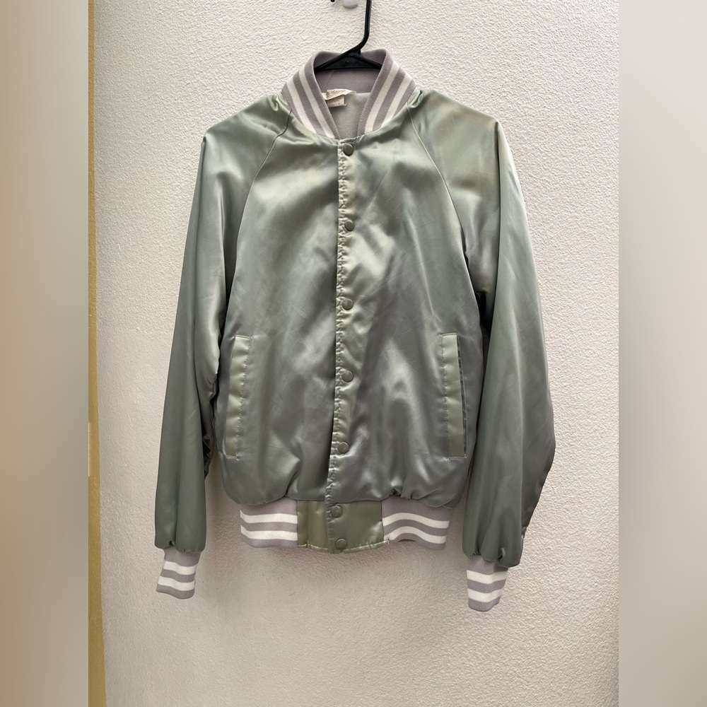 Vintage 70's Silver Satin Bomber Jacket with Striped Gray Trim